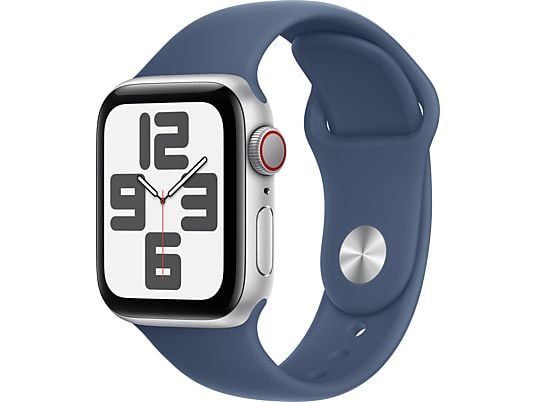 Apple Watch SE (2024) GPS + Cellular 40 mm Caja de aluminio Plata Vidrio delantero Ion-X Correa deportiva Azul denim Talla S/M