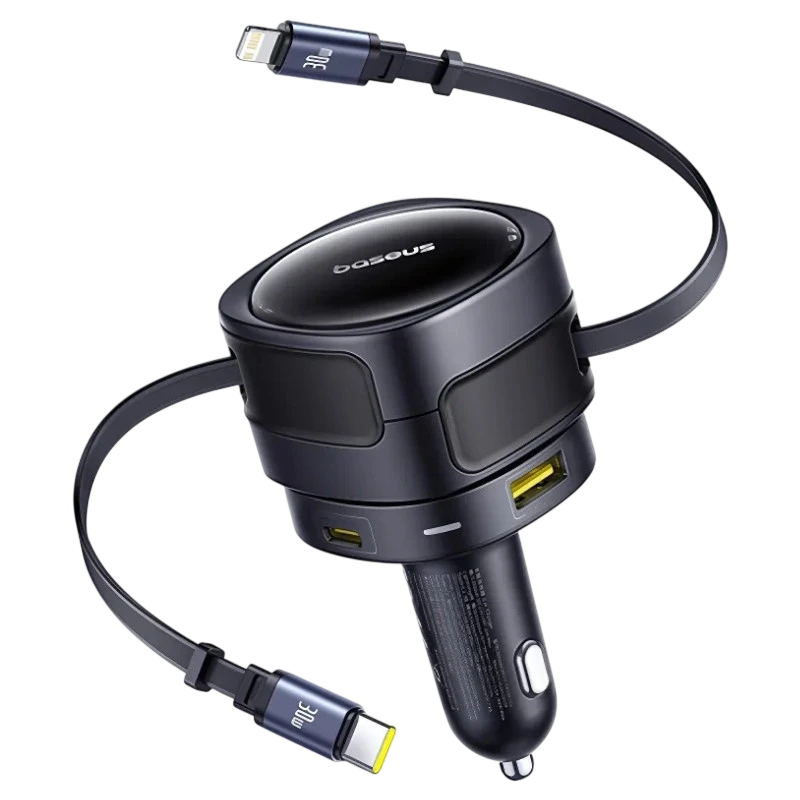 Baseus Enjoyment Max Cargador de Coche 90W con cables USB-C+Lightning y puertos USB-A+USB-C