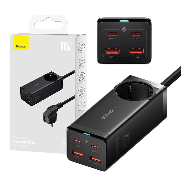 Cargador Baseus con Enchufe de 100W y 2xUSB-A + 2xUSB-C 