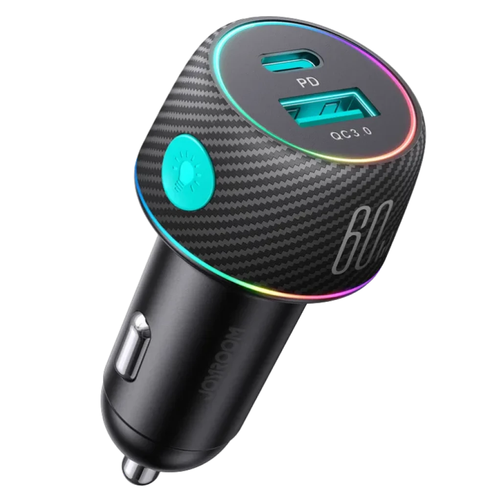 Joyroom JR-CCN01 60W USB-A y USB Tipo C con botón de luces Cargador de Coche