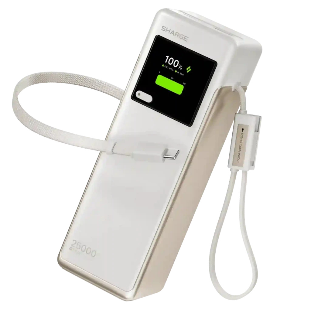 Powerbank SHARGE HyperTower X6 170W 25000mAh PD 3.1 Cables Integrados Blanco Cargador Portátil de Alta Gama