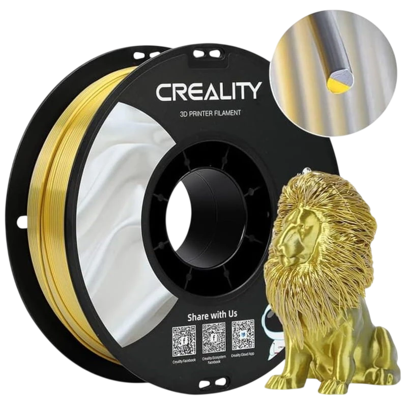 Filamento Creality PLA CR-Silk 1.75mm Velocidad de impresión hasta 100mm/s Bobina de 1kg Color Oro/Plata