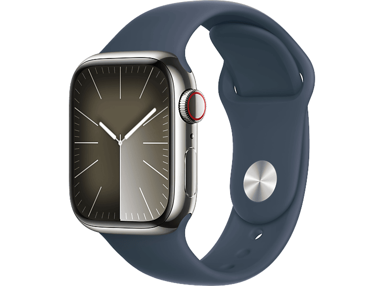 Apple Watch Series 9 (2023) GPS+CELL 41 mm Gesto de doble toque Caja de acero inoxidable plata Correa deportiva azul tempestad Talla M/L
