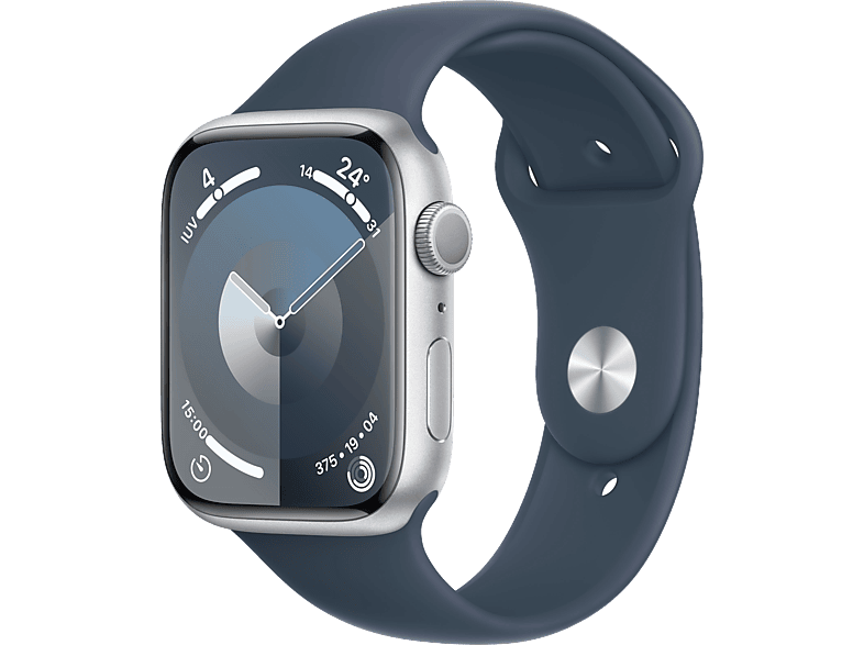 Apple Watch Series 9 (2023) GPS 45 mm Gesto de doble toque Caja de aluminio plata Correa deportiva azul tempestad Talla M/L