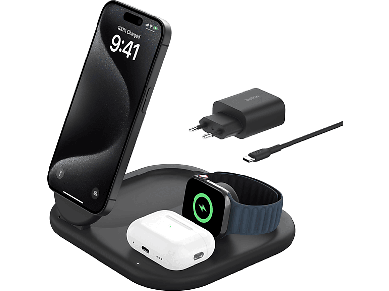Cargador inalámbrico- Belkin BoostCharge Compatible con Apple Carga inalámbrica Conexión magnética Qi2 Negro