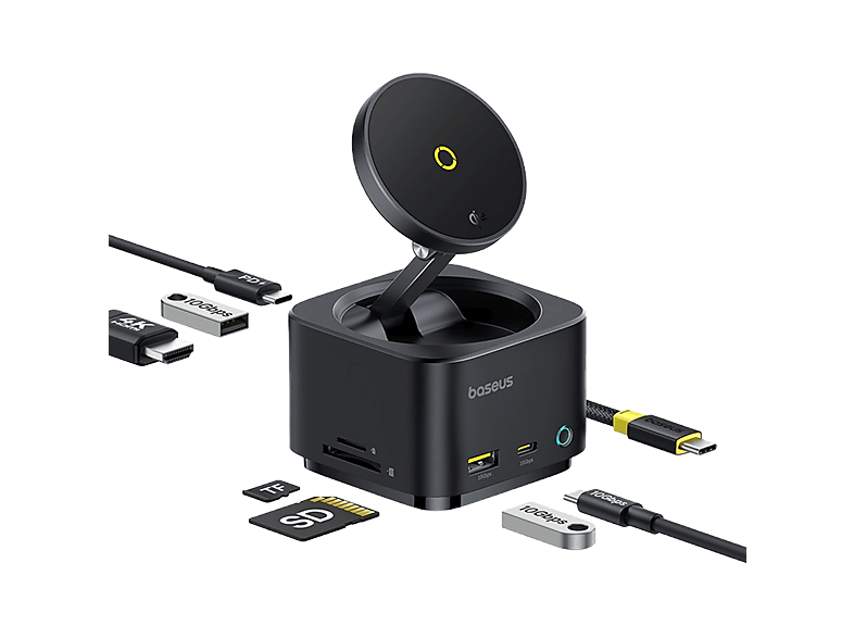 Baseus Serie MagPro II HUB 7 en 1 Con Carga Inalámbrica Magnética de 15W Qi2 Pantalla dual 4k Ultrarrápido 100W Negro