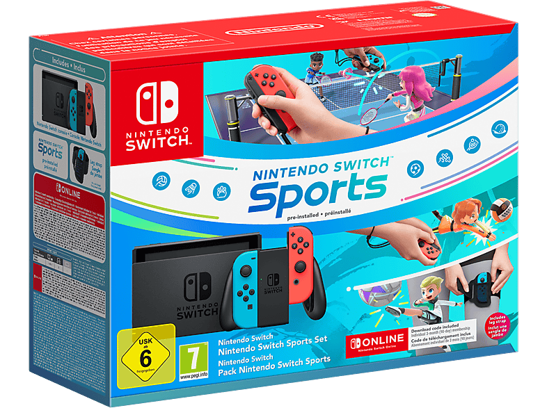 Nintendo Switch 6.2 Joy-Con Azul y Rojo Neón + Juego Switch Sports (preinstalado) + Cinta para pierna + Suscripción 3 meses online