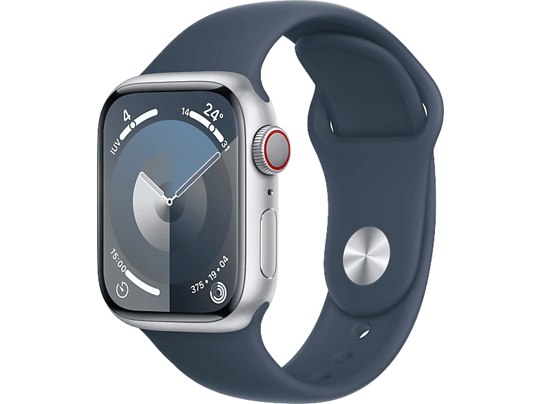 Apple Watch Series 9 (2023) GPS+CELL 41 mm Gesto de doble toque Caja de aluminio plata Correa deportiva azul tempestad Talla S/M