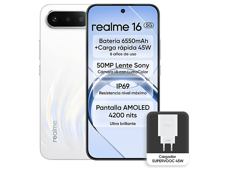 realme 16 Blanco 256GB 8GB RAM 6.57 FHD FOLED D6400 Turbo 6550mAh