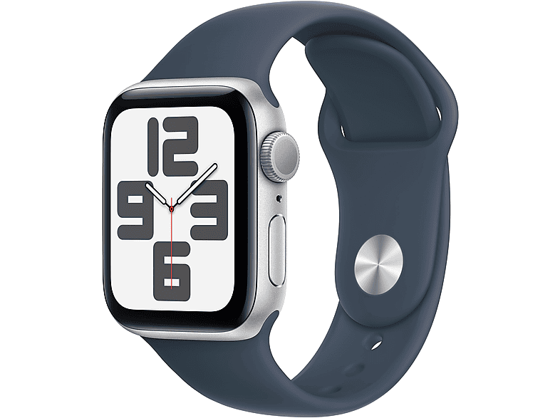 APPLE Watch SE (2023) GPS 40 mm Caja de aluminio plata Vidrio delantero Ion-X Talla M/L Correa deportiva azul tempestad