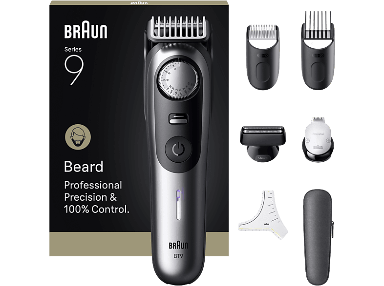 Braun Series 9 BT9520 7 Accesorios para barba 52 ajustes de longitud Bloqueo de precisión Lámina ProBlade PowerBoost Wet&Dry Cromo