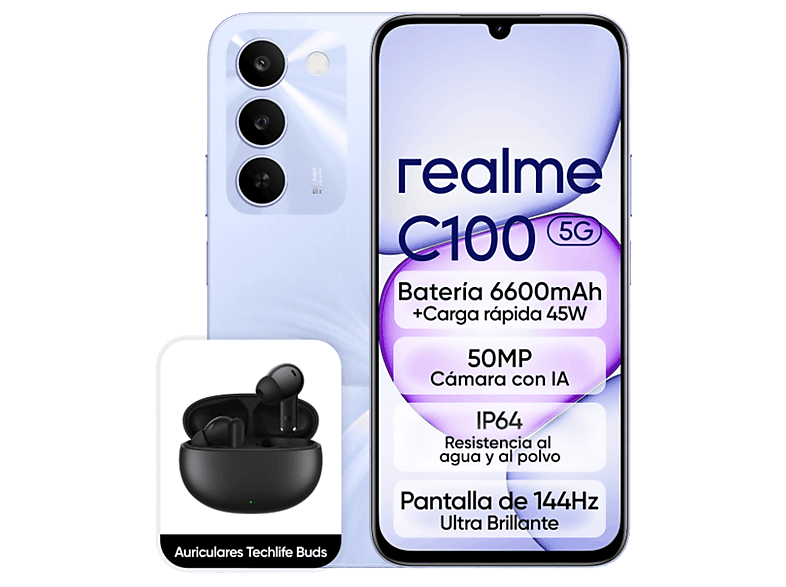 realme C100 Blooming Purple 256GB 4GB RAM 6.8 HD+ Dimensity 6300 6600mAh Incluye Auriculares realme Techlife Buds