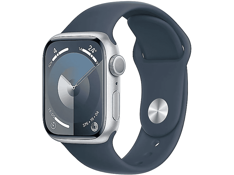 Apple Watch Series 9 (2023) GPS 41 mm Gesto de doble toque Caja de aluminio plata Correa deportiva azul tempestad Talla S/M