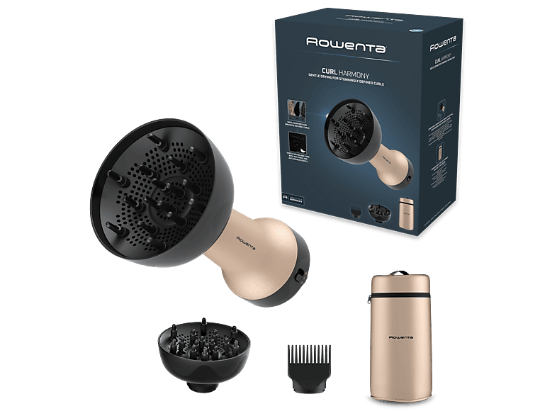 Rowenta Curl Harmony Difusor de aire caliente 3 en 1 2 velocidades/temperaturas 700W Diseño ergonómico 3 accesorios Neceser Dorado