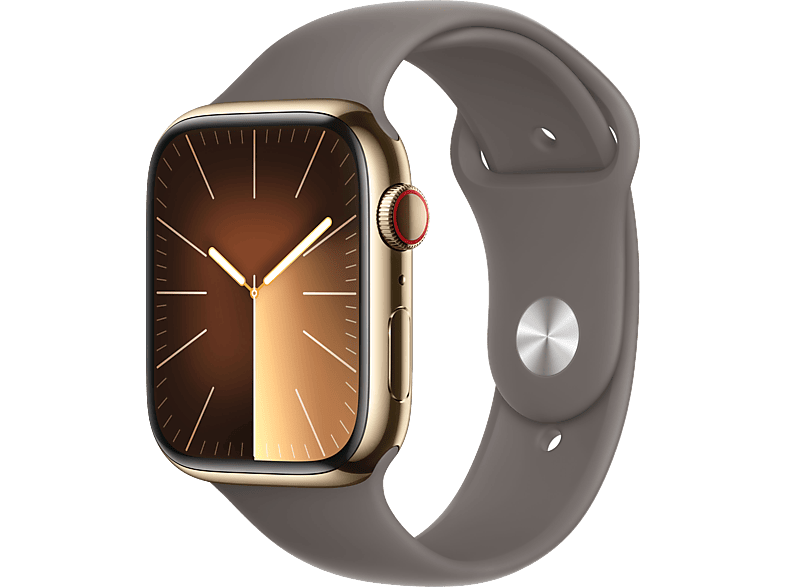 Apple Watch Series 9 (2023) GPS+CELL 45 mm Gesto de doble toque Caja de acero inoxidable oro Correa deportiva arcilla Talla S/M