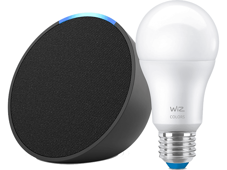 Amazon Echo Pop + Bombilla Wiz Bluetooth con Alexa de Sonido Potente y Compacto Negro