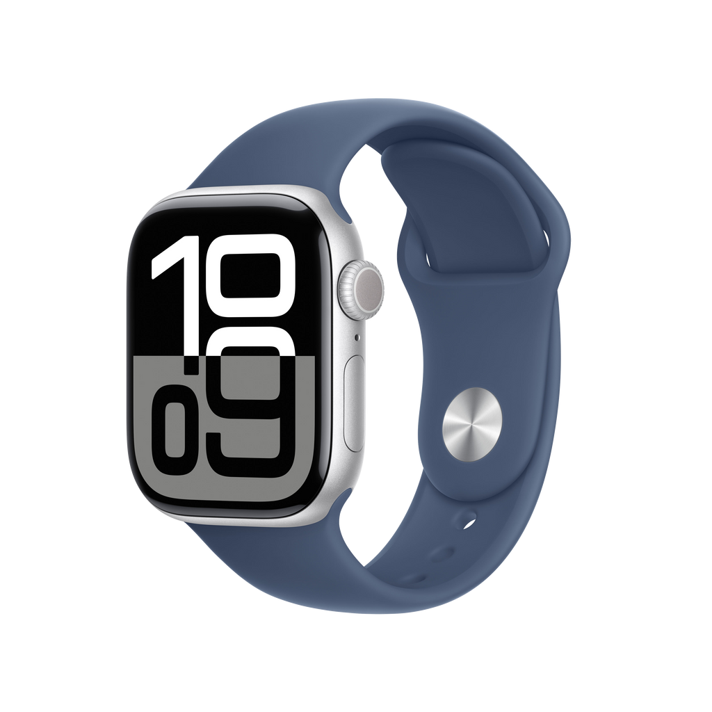 Apple Watch Series 10 (2024) GPS + Cellular 42 mm Gesto de doble toque Caja de aluminio plata Correa deportiva Azul denim Talla S/M