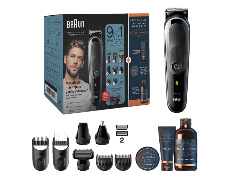 Braun MGK5380 Recortadora de barba y rasuradora Corporal 13 longitudes Kit de viaje cuidado facial King C Gillette
