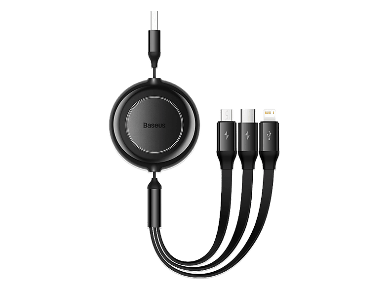 Baseus 3-en-1 Bright Mirror Cable retráctil 110 cm Carga rápida multidispositivo USB-Lightning-Tipo-C-Micro 66W Negro