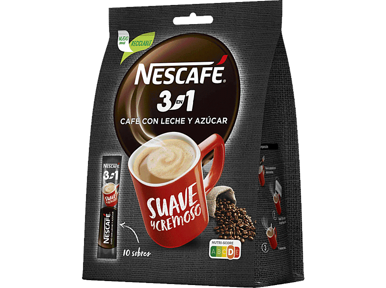 Nescafé 3en1 Monodosis Arábica y Robusta Café con leche y azúcar Tueste medio-oscuro 10 sobres