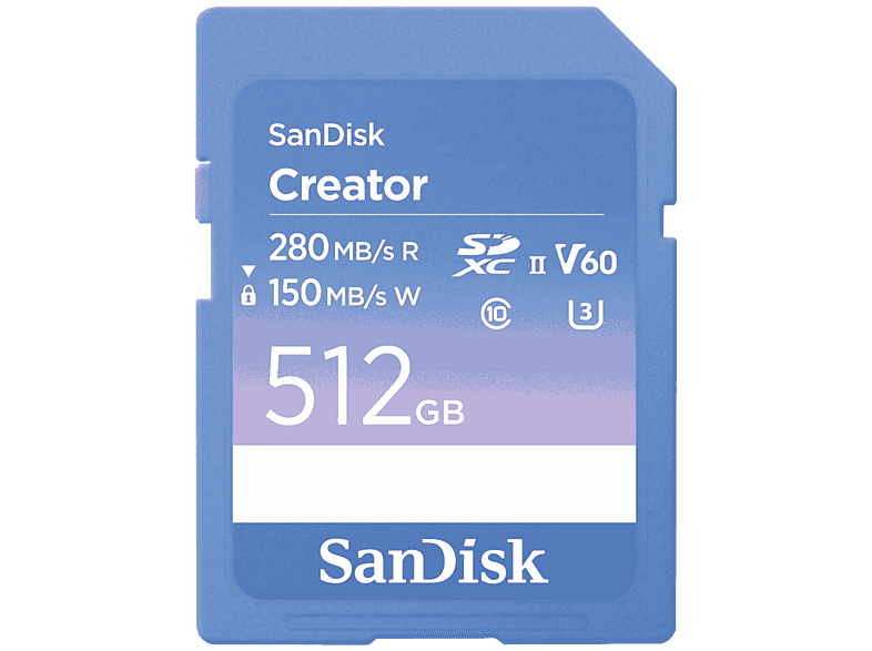 Sandisk Creator SD USH-II 512GB Hasta 280 MB/s de lectura Vídeos 6K Para DSLR V60 U3 Azul