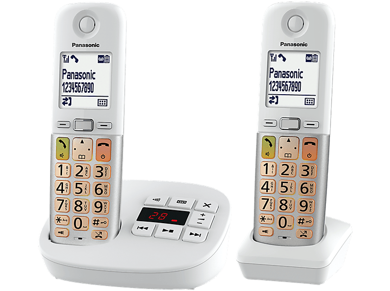 Panasonic KX-TGU43 2x Teléfonos Pantalla Retroiluminada Linterna Volumen Amplificado Bloqueo de Llamadas Contestador Blanco y Plata