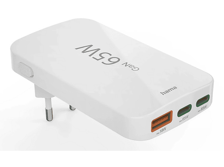 Hama 00201976 Universal 2x USB-C 1x USB-A 65W Mini Cargador Plano PD Blanco
