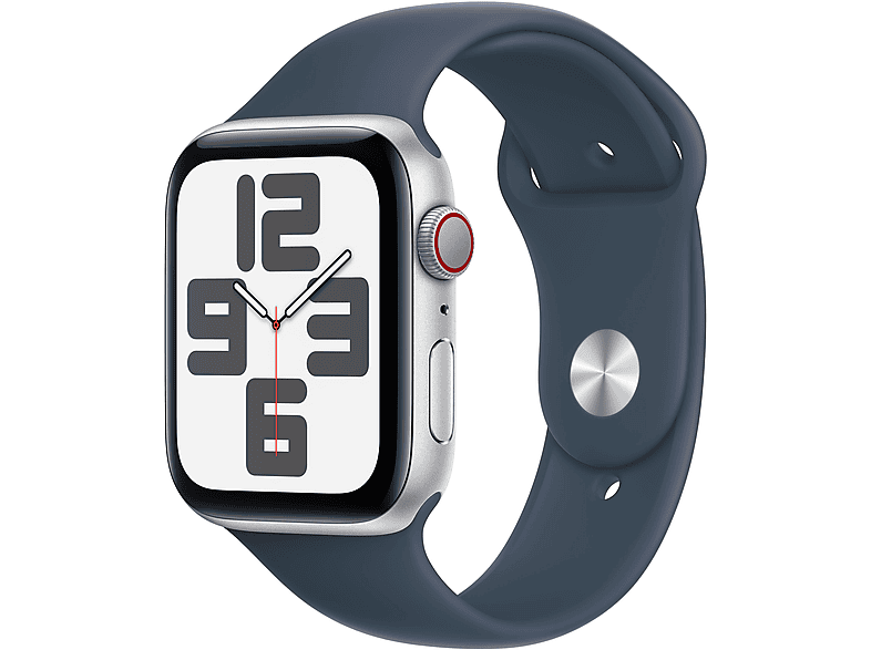 APPLE Watch SE (2023) GPS+CELL 44 mm Caja de aluminio plata Vidrio delantero Ion-X Talla M/L Correa deportiva azul tempestad