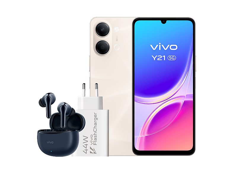 vivo Y21 5G Champagne Gold 256GB 4GB RAM 6.74 1200 nit MediaTek Dimensity 6300 6500mAh + Auriculares TWS 3e + Cargador FlashCharger 44W