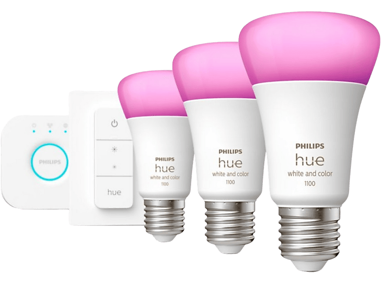 Philips Hue Bridge + 3 Bombillas inteligentes E27 9.5W 1100 lm Luz Blanca y Colores + Regulador