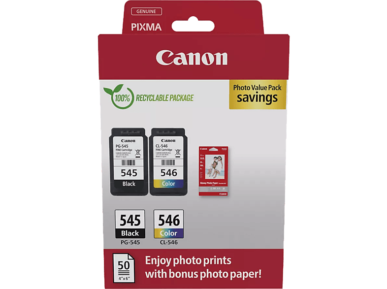 Canon PG-545/CL-546 8 ml 180 páginas por cartucho 50 Hojas Papel Fotográfico Satinado Negro Color (cian magenta amarillo)