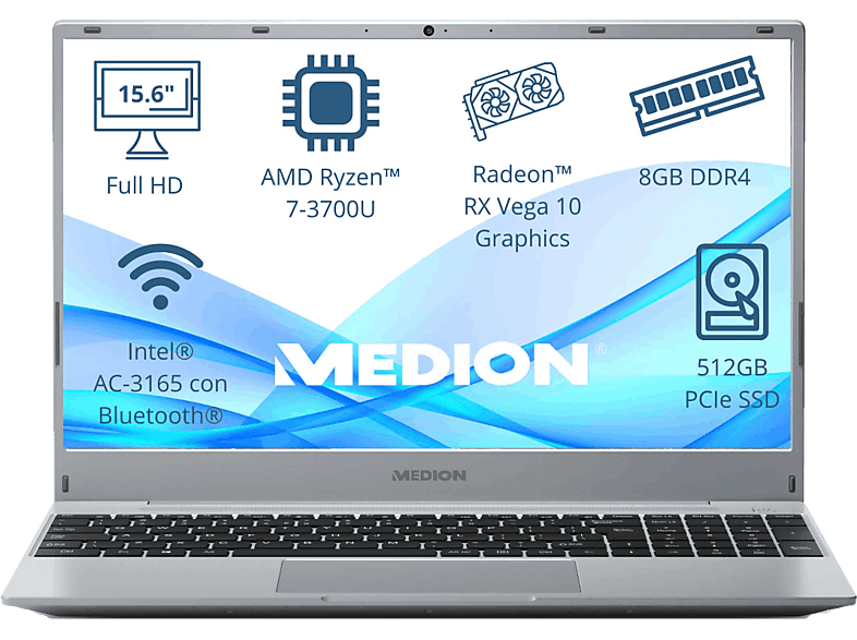 Medion Akoya MD62430 15.6 Full-HD AMD Ryzen™ 7 3700U 8GB RAM 512 GB SSD Radeon™ RX Vega 10 Sin sistema operativo