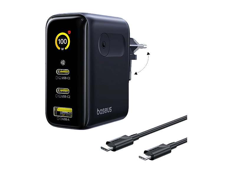 Baseus PicoGo AE21 100W Triple carga rápida USB y Tipo-C Con cable 150 cm Pantalla digital en tiempo real Universal Negro