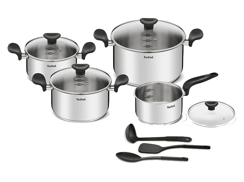 Tefal Primary set E308S 11 piezas Cazo 16 cm Cacerolas 18/20/24 Tapas de cristal Espátula Cuchara Cucharon Acero inoxidable Inducción