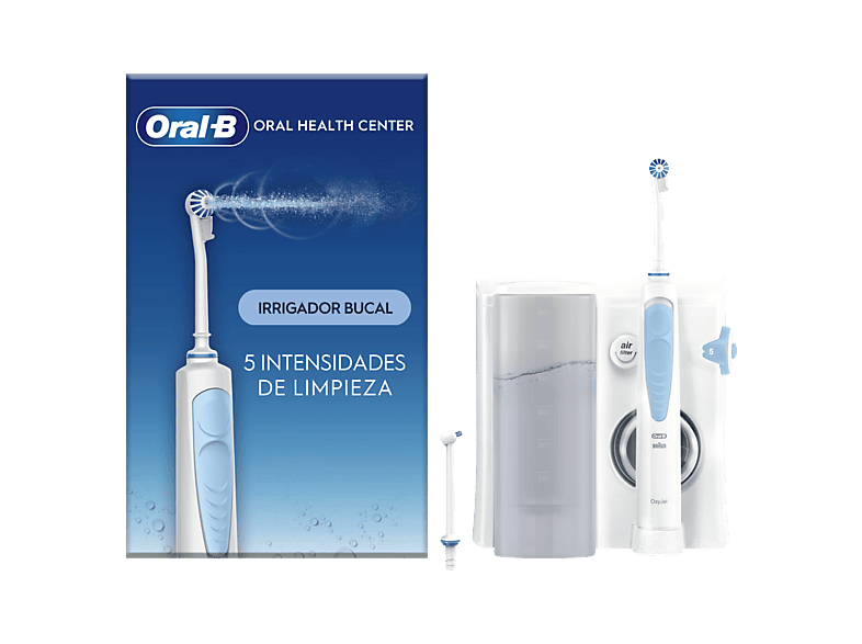 Oral-B Irrigador Dental Tecnología Oxyjet 5 niveles de presión de agua 4 tipos chorro 1 Cabezal Oxyjet 1 Cabezal Waterjet