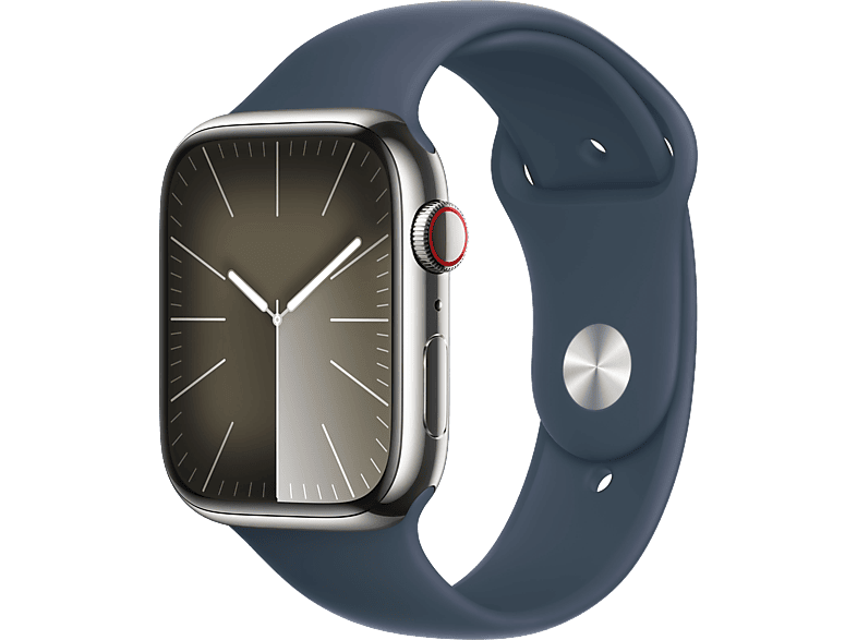 Apple Watch Series 9 (2023) GPS+CELL 45 mm Gesto de doble toque Caja de acero inoxidable plata Correa deportiva azul tempestad Talla S/M