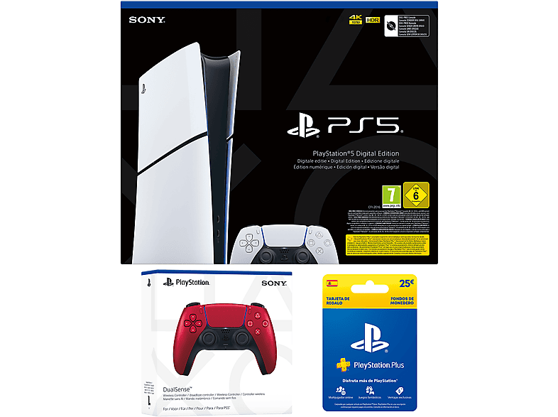 Sony PlayStation 5 Slim Digital Edition 1 TB SSD 4K 2 mandos (Blanco + Volcanic Red) Chasis D Blanco + Tarjeta PS Plus 25€