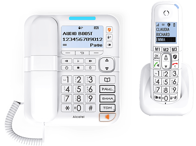 Alcatel XL785 COMBO Inalámbrico y con cable Contestador Bloqueo de llamadas Agenda 100 contactos Manos libres Audio-Boost Blanco