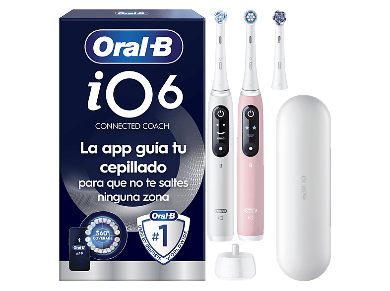 Oral-B iO 6s Pack doble 5 modos Seguimiento con app Pantalla interactiva Sensor de presión Estuche de viaje Blanco y rosa