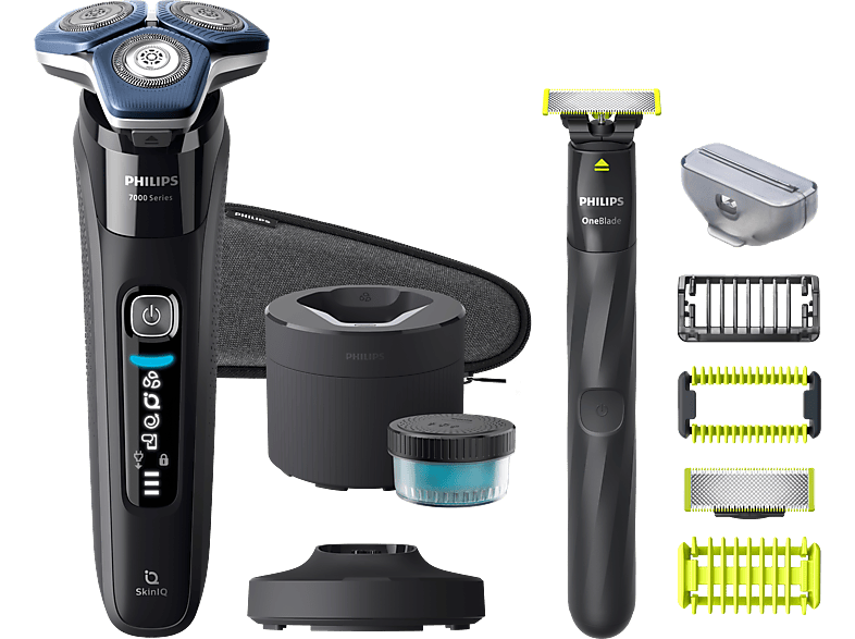 Philips S7000 S7886/78 + One Blade Afeitadora eléctrica Seco y mojado Base de limpieza Soporte de carga Cortapatillas Azul