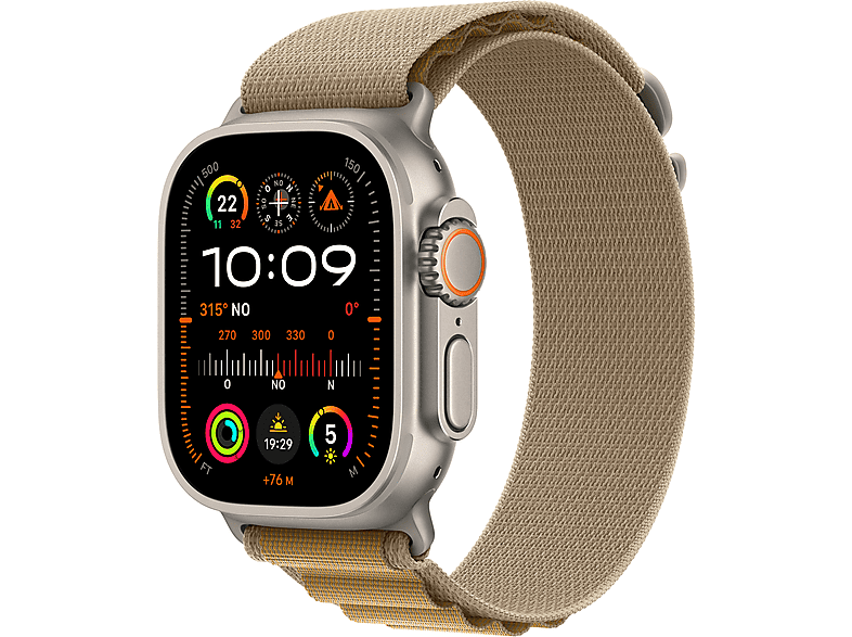 Apple Watch Ultra 2 (2024) GPS + Cellular 49 mm Caja de Titanio Natural Gesto doble toque Correa Alpine Loop de color Canela Talla M