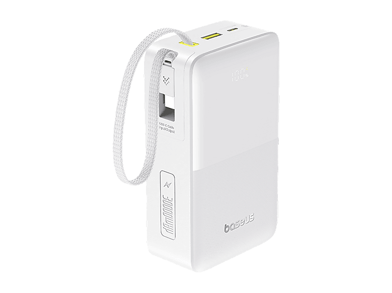 Baseus EnerFill Bipow 2 Pro 30000mAh 22.5W Con cable retráctil Tipo-C Carga bidireccional y simultánea Pantalla inteligente Blanco