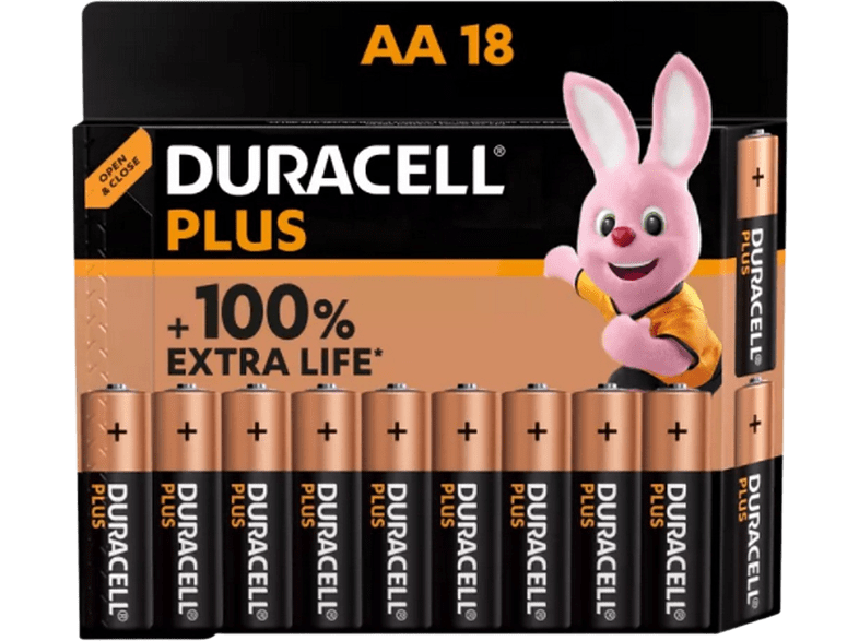 Duracell PLUS Pilas alcalinas MN1500 AA LR6 / LR06 1.5 Voltios Paquete de 18 Negro