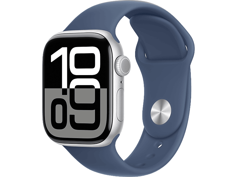 Apple Watch Series 10 (2024) GPS + Cellular 42 mm Gesto de doble toque Caja de aluminio plata Correa deportiva Azul denim Talla M/L
