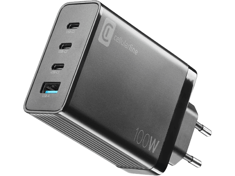CellularLine ACHUSBGAN4WAL100WK USB- C 100 W 4 puertos Universal Negro