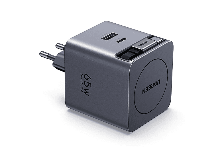 Ugreen GaN Carga Rápida con cable USB-C Retráctil Universal 65W 1x USB-C 1x USB-A Plata