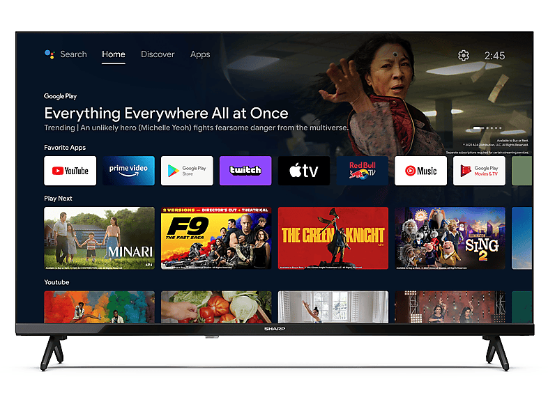 Sharp 32FH7EA Full-HD Android TV con Capacidad HD DVB-T2 (H.265) Diseño sin Marco Bluetooth WiFi Asistente de Google Negro