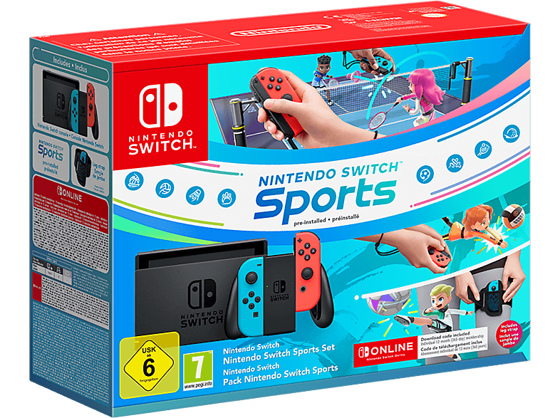Nintendo Switch 6.2 Joy-Con Azul y Rojo Neón + Juego Nintendo Switch Sports (preinstalado) + Cinta de la pierna + 12 meses NSO