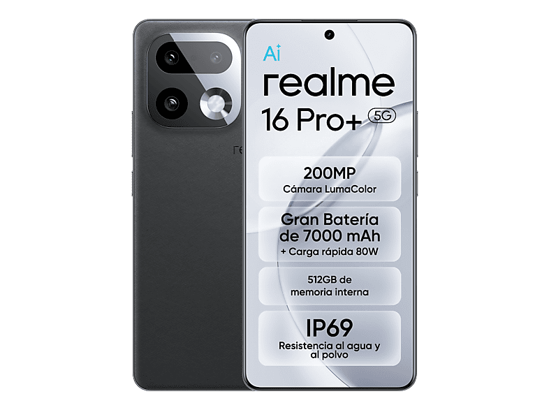 Realme 16 Pro+ Master Grey 512 GB 12 GB RAM 6.8 HyperGlow 4D Curve+ de 144Hz Qualcomm Snapdragon 7 Gen 4 7000 mAh