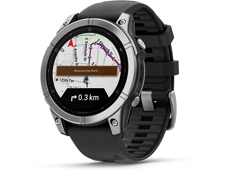 Garmin FĒNIX® E Acero plata con correa negra 47 mm Correa 125-208 mm 1.3 AMOLED GPS Garmin Pay Autonomía 16 días